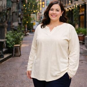 NWT Lands' End 100% Cotton Cream Long Sleeve Top | Classic Soft Knit Essential